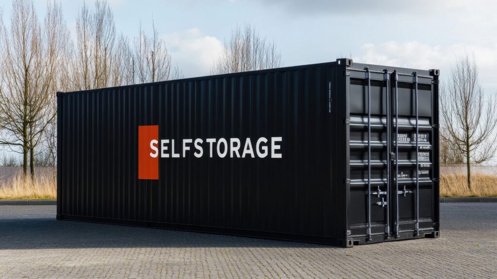 Ein schwarzes Lagerhaus mit der Aufschrift Selfstorage steht auf einer freien Fläche umgeben von minimaler Vegetation unter blauem Himmel
