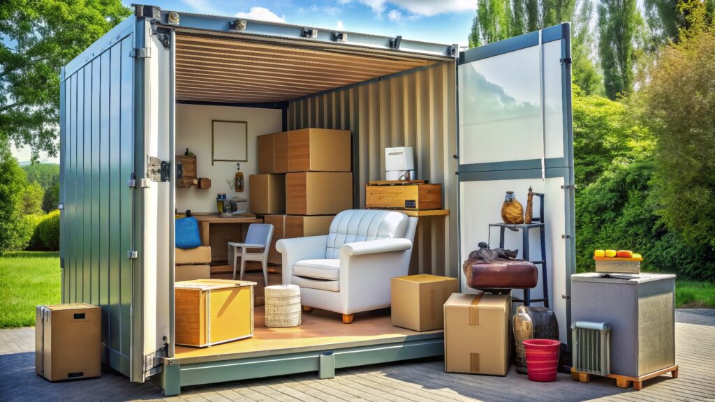 Ordentlich organisierte Haushaltsgegenstände, einschließlich Möbel und Geräte, in Kartons verpackt und in einem großen Container für einen Umzug oder eine Renovierung gelagert.